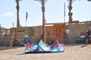 Wooden beach entrance with palm trees and flags